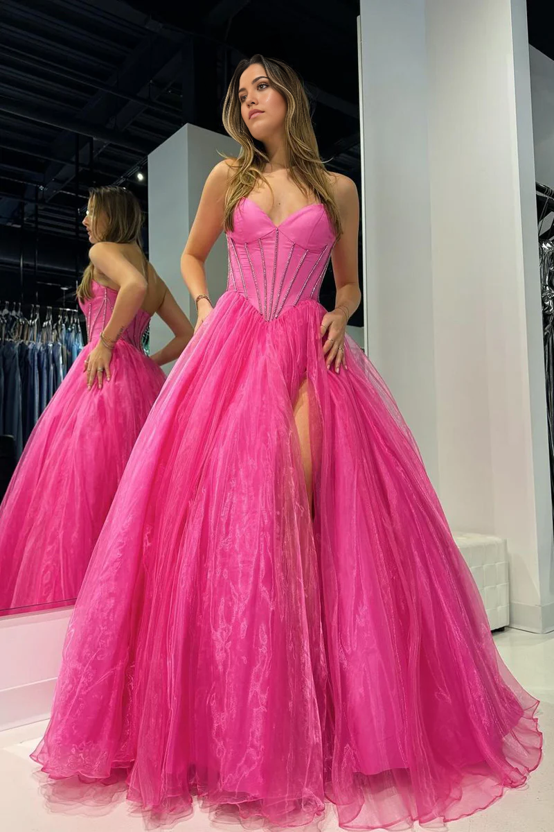 A-Line Sweetheart Long Pink Organza Prom Dress with Beading